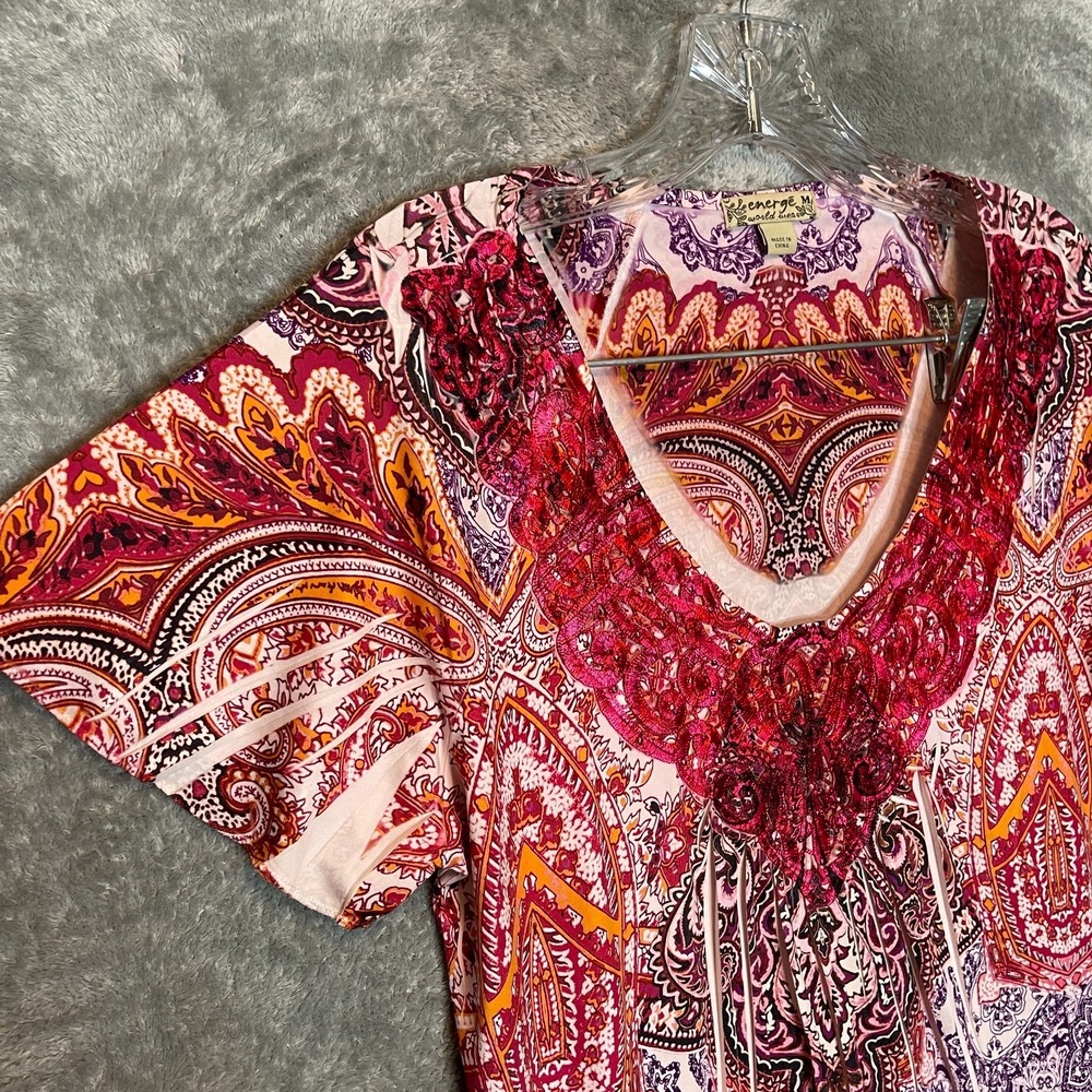 Energe Women Tunic Top M Boho Sublimation Print Paisley Handkerchief Hem Crinkle